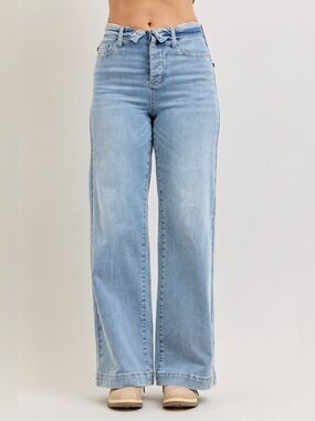 Judy Blue Mid Rise Retro Wide Leg Jeans with Fold-over Waistband